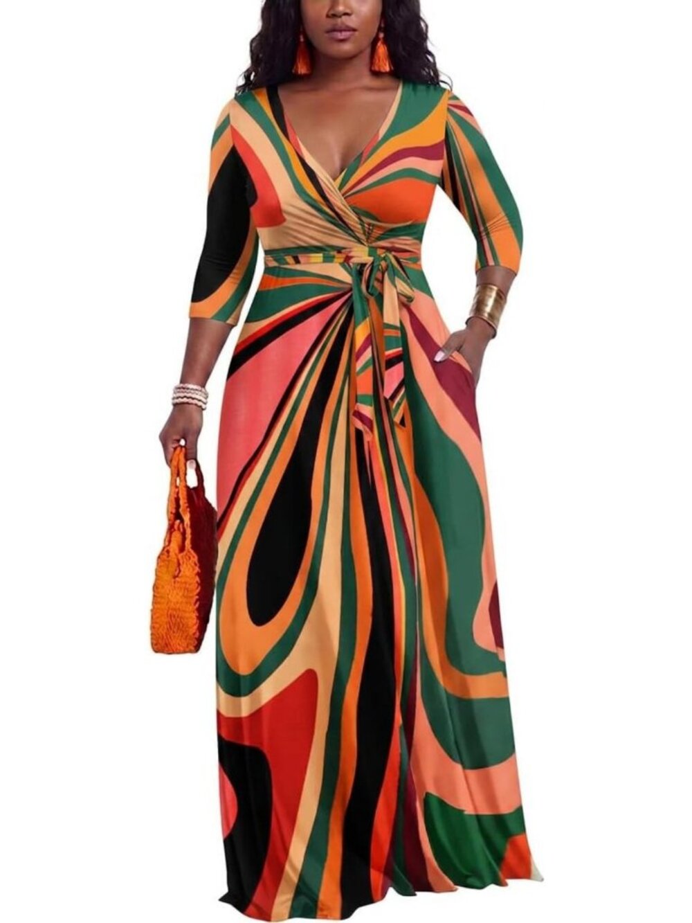 Casual Tie Dye Print Maxi Dress - 3/4 Sleeve V Neck, Flowy with Belt, Perfect